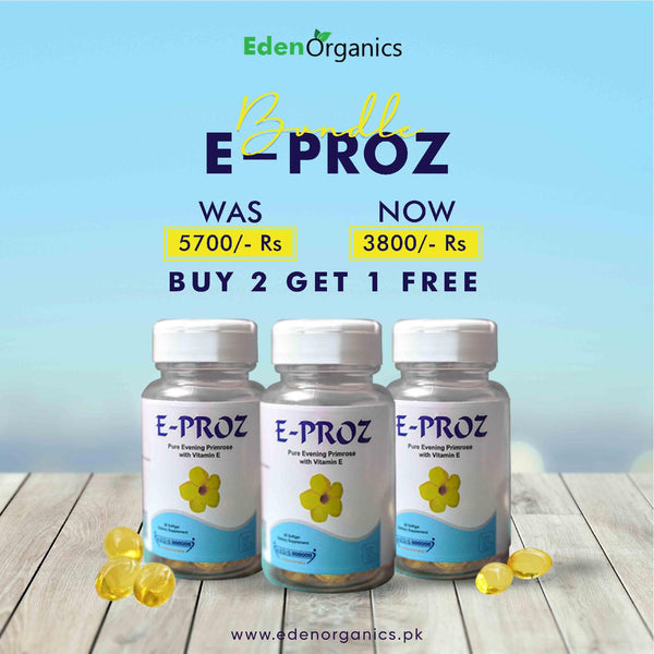 pure evening primrose oil and vitamin E capsules in soft jel form. Buy 2 get 1 free. Eproz. For hair, nails & skin.